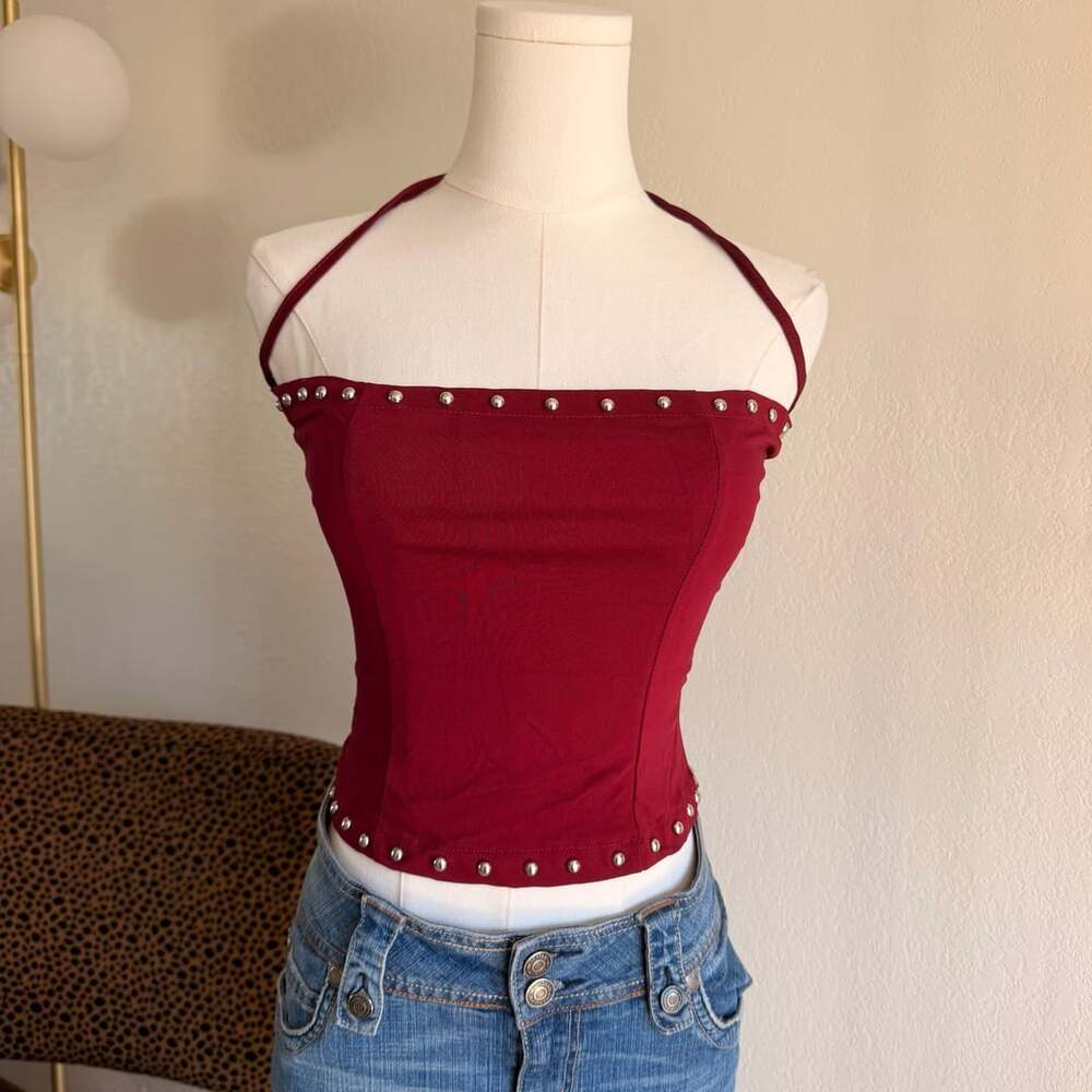Burgundy Halter Studded Corset Crop Top